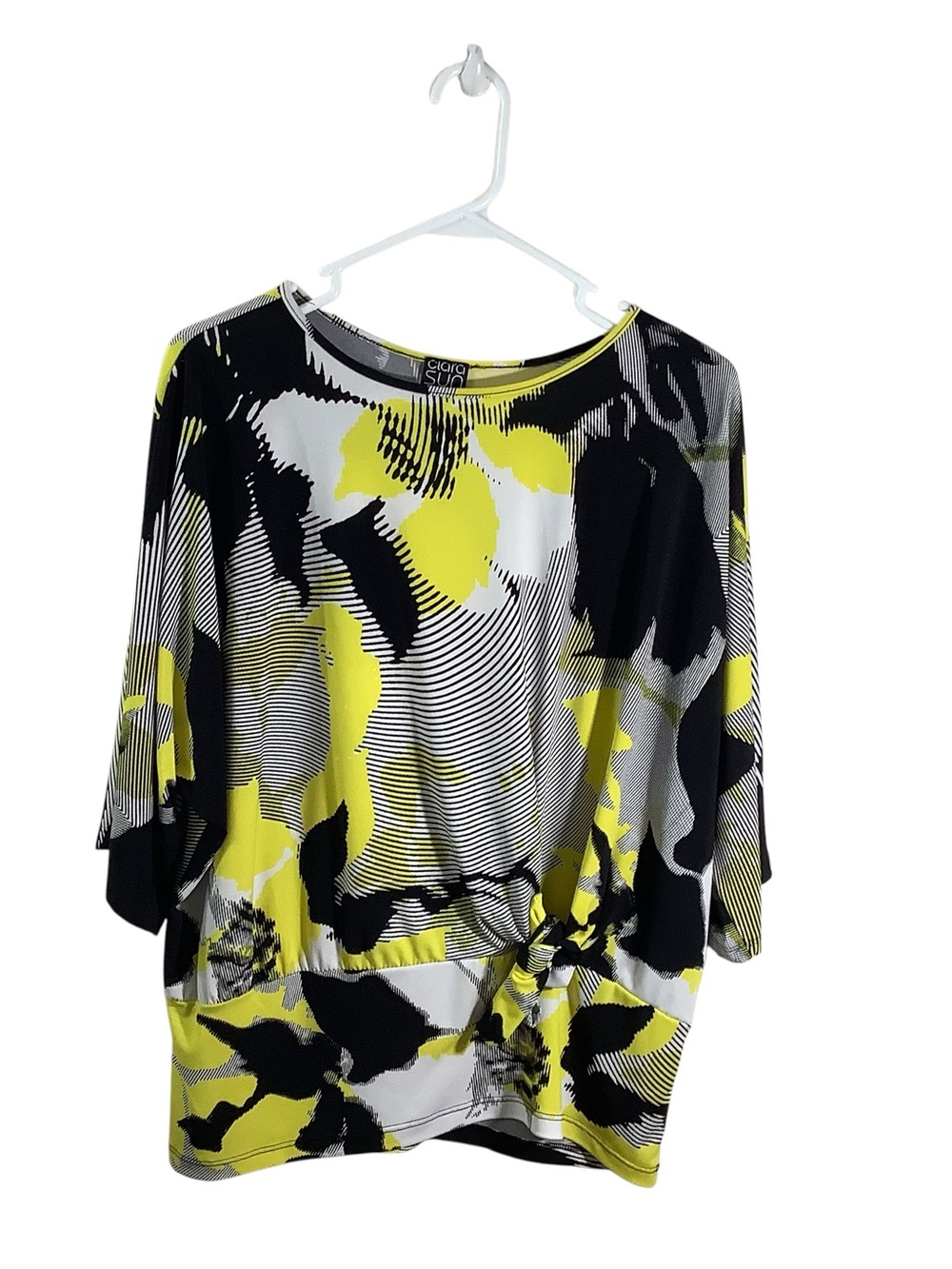 Clara Sun Woo Yellow Black White Abstract Print Stretch Boatneck Top